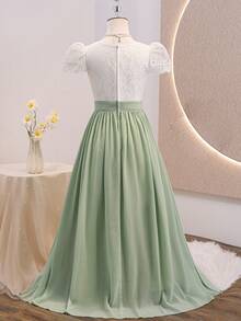 Teen Girls Green Formal Dress, White Lace Contrast Mesh Puff Sleeve Elegant Dress, Lightweight Soft Fabric, Suitable For Vacation, Graduation, Back To School, Wedding Season, Various Balls And Formal Occasions - Mint Green - View 2