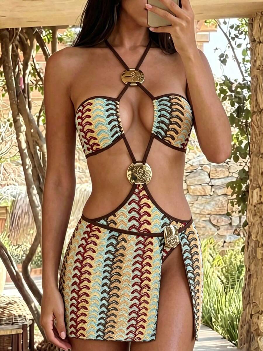 Swim Oasis Set da bagno da donna a 2 pezzi con motivo ad onda arcobaleno, collo alto e laccio anteriore, con gonna abbinata come accessorio di moda, adatto per spiaggia, festa e vacanze - Multicolore - Visualizzare 1