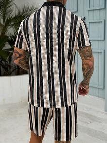 Manfinity CasualCool Men's Mature Vacation Short Sleeve Shirt Set,Men Striped Shirt & Drawstring Waist Shorts Without Tee, Linen, Vacation Colorful Boyfriend Gift, Casual - Multicolor - View 2