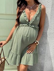 SHEIN 孕妇纯色简约V领无袖连衣裙，休闲日常穿着 - 綠色 - 查看 6