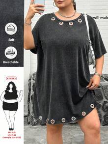 SHEIN CURVE+ 大码女装春夏新款休闲圆领短袖水洗雪花复古针织宽松迷你连衣裙，适合日常穿着、派对、音乐节、返校、度假、街头风、探索、城市漫步等多种场合，夏季必备单品 - 黑色 - 查看 1