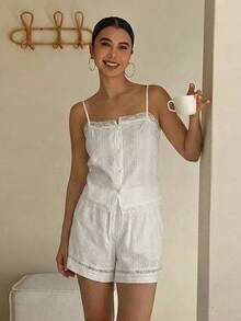DAZY 2pcs Lace Patchwork Camisole & Loose Straight Shorts Pajama Set, Women Summer Sleepwear - White - View 9
