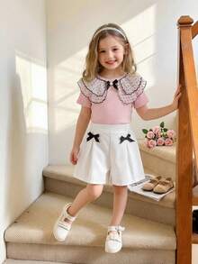 2pcs/Set Young Girls Cute Sweet Polka Dot Ruffle Collar T-Shirt And Elastic Waist 3D Bow Skort, Casual & Fashionable Summer Outfit For Little Girls - Pink - View 2