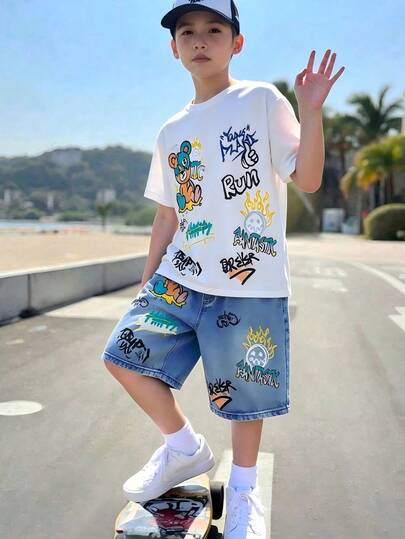 2pcs/Set Young Boy Casual Street Bear Print Short Sleeve Round Neck T-Shirt And Faux Denim Shorts Set, Suitable For Summer Daily Casual Wear, Holiday, Beach, Vacation