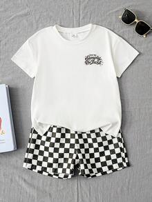 SHEIN Playful Pals 2件組 男童夏季休閒圖案印花圓領插肩袖上衣與條紋印花短褲，舒適時尚，適合戶外玩耍與日常穿著 - 彩色 - 查看 6