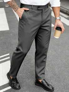 Manfinity Mode Men Plus Size Solid Color Pocket Business Casual Formal Suit Trousers, Ceremony - Dark Grey - View 6