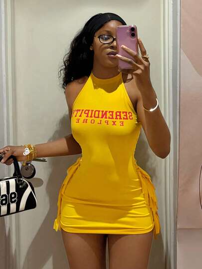 StreetHx Women's Yellow Mini Dress, Hypezone-D Sexy Vibe, Front Graphic Print, Side Tie Design, Retro American, Sexy Rock, Street Style Dress,Afro Fashion Outfits,Yellow Dress,