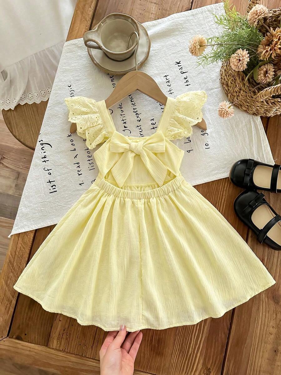 LMoss Kids Young Girl Woven Solid Color Square Neck Ruffle Hem Casual Dress - Mustard Yellow - View 1