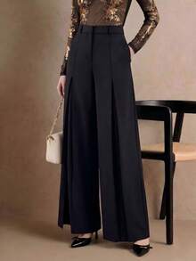 Anewsta Pantalones acampanados de tiro alto con abertura casual para mujer, pantalones de traje largos unisex - Negro - Ver 1