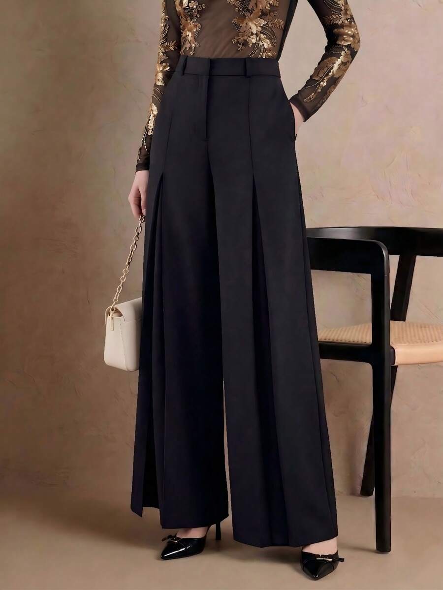 Anewsta Pantalones acampanados de tiro alto con abertura casual para mujer, pantalones de traje largos unisex - Negro - Ver 1