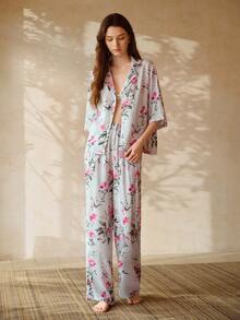 MOTF PREMIUM WOMEN'S LINEN SHIRT AND PANTS PAJAMA SET, SPRING/SUMMER - Blue - View 1