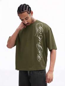 SUMWON Oversized Graphic Crew Neck Short Sleeve Cotton Tee Cursive Script Print Urban Streetwear Style Relaxed Fit Summer - Olive Green - View 3