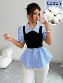 Elenzga Blusa de parche a rayas azul y blanca 2 en 1, blusa de parche elegante con cuello, mangas con volantes, dobladillo con volantes y cintura ceñida para uso diario para mujeres, atuendo casual moderno y retro para mujeres, blusas casuales para mujeres - Multicolor - Ver 4