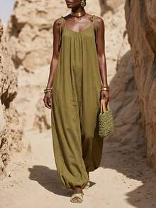 Zivah Loose Olive Green Summmer Boho Beach Vacation Holiday Jumpsuit For Women,Textured Suspender Wide-Leg Lantern Flower Tulip Modern High-Street Casual-A - Mustard Yellow - View 8