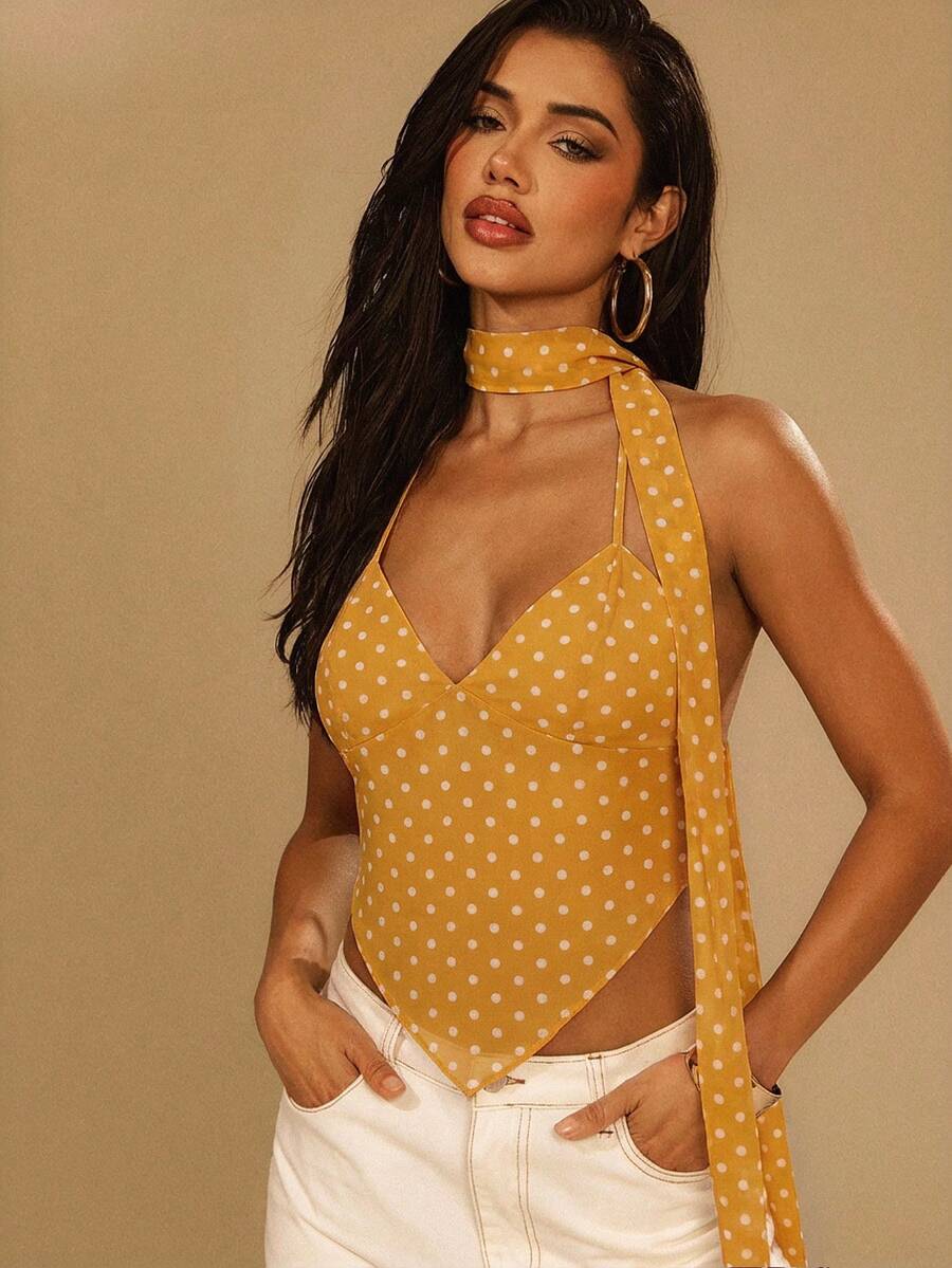 Denimoi Sheer Mesh White Backless Halter Top With Scarf Golf Summer Sexy - Yellow - View 1