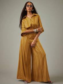 NYA SZN Matching Set Zip Up Top Wide Leg Pant Striped - Yellow - View 5