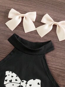 Emery Rose Kids Emery Rose Kids Set 2 Potong Baju Bayi Perempuan Rajut Warna Polos dengan Hiasan Pita dan Celana Panjang Model Flare Motif Hati - Hitam dan Putih - View 3