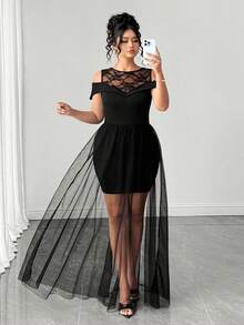Celure Plus-Size Elegant Dress Round Neck Lace A-Line Women Dresses For Party Date Night Black Summer - Black - View 6