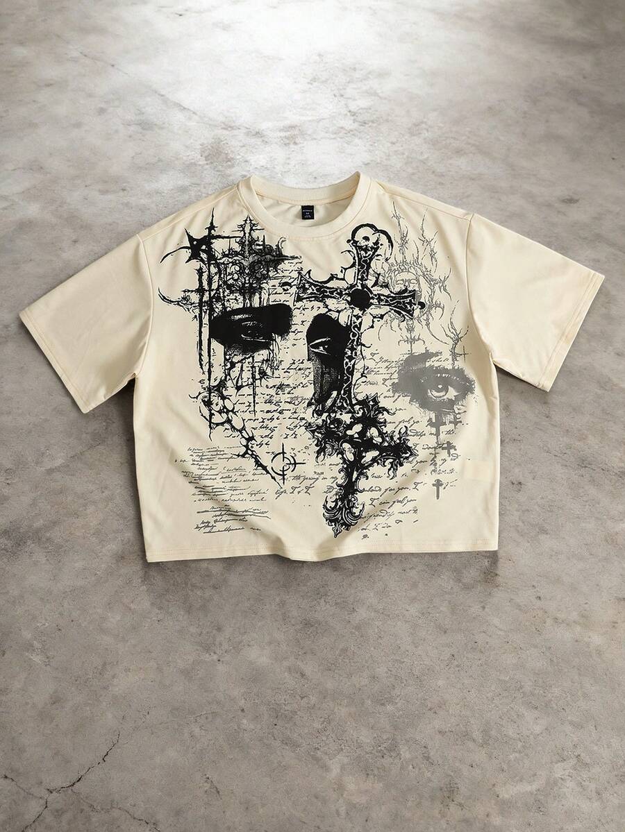 ROMWE MEN Goth Camiseta corta holgada con estampado de cruz para hombre - Albaricoque - Ver 1