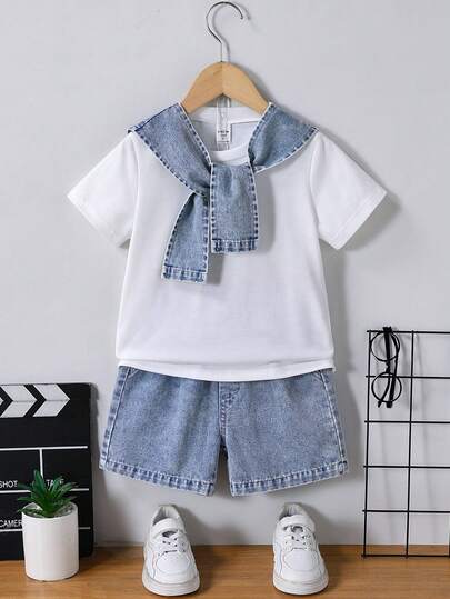Bộ 3 món cho bé trai: Áo thun trắng cổ tròn tay ngắn + Quần short denim + Khăn choàng denim, trang phục denim thường ngày, phù hợp cho mặc hàng ngày, cuối tuần, họp mặt gia đình, phù hợp cho cả bé trai và bé gái.