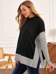 MaterniWear Maternity Mock Neck Striped Colorblock Tee With Long Sleeve Fall - Black - View 3