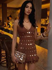 Selianne Đầm kiểu retro Mỹ mùa xuân/hè, gợi cảm, phong cách nghỉ dưỡng biển, dây mảnh, ôm eo, đính sequin và xếp ly, thích hợp cho các lễ hội âm nhạc và kỳ nghỉ biển. - Cà phê nâu - Xem 5