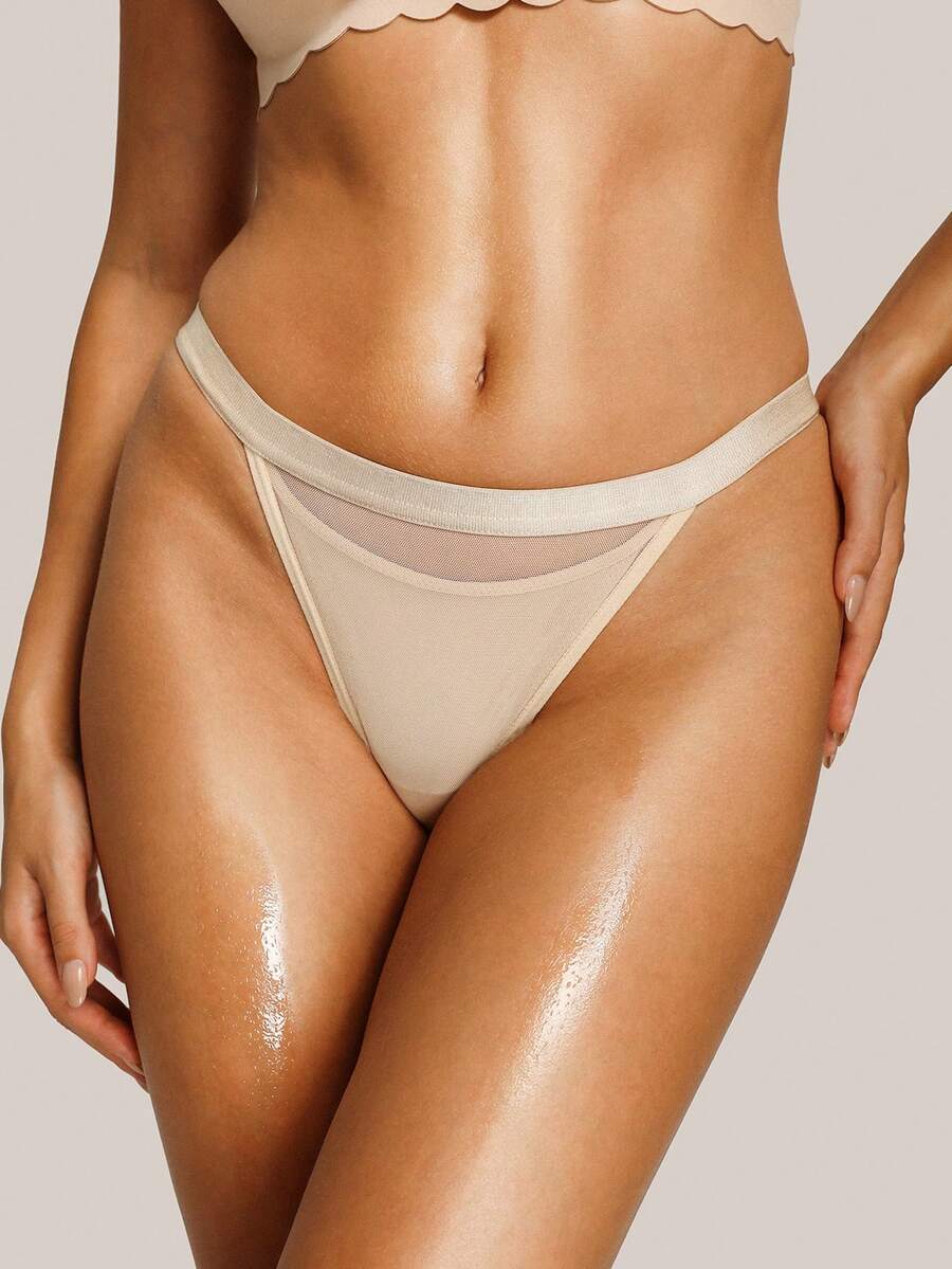 Ultra-Thin Hollow Mesh Thong Panties - Apricot - View 1