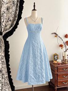 Vintamour Đầm nữ cổ điển thanh lịch, đầm jacquard ôm dáng mùa xuân/hè, đầm đính ngọc trai, đầm hai dây, đầm xòe, màu trắng sữa. - Màu xanh nhạt - Xem 1