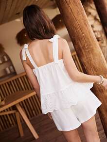 Lullawish Cotton Bohemian Style Lace Patchwork Tie-Up Design Side Slit Solid Color Women Pajama Set - White - View 2