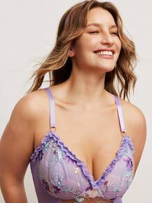 PetitDoll Lencería romántica de campo para talla grande con cintura ceñida, volantes, bordados florales y parches de malla de lavanda - Morado - Ver 5