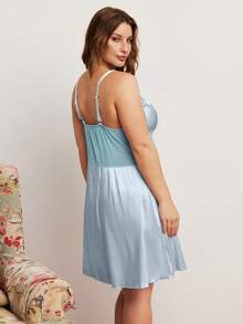 Elorette Pale Blue Satin Jacquard Floral Ruffle Trim Slimming Waist Romantic Countryside Elegant Plus Size Nightgown - Baby Blue - View 4