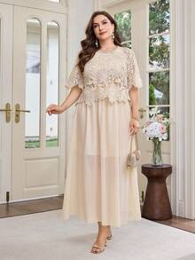 Modelyn Plus Size Women 2-Piece Set, Water-Soluble Lace Blouse Paired With Chiffon A-Line Skirt, Brown Color, Summer Elegant Fashionable Wedding Outfit - Apricot - View 5