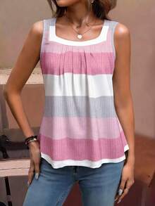 EMERY ROSE Blusa informal de mujer talla grande con estampado gráfico de bloques de color, camiseta de rayas tipo chaleco - Multicolor - Ver 5