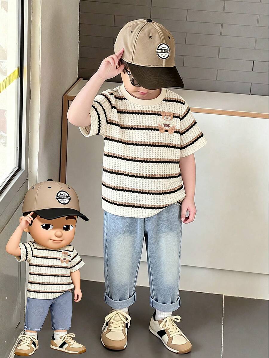 SHEIN 2pcs/Set Young Boy Fashionable Patterned Knit Striped Embroidered Short Sleeve Top With Elastic Waist Washed Denim Pants,Summer,School,Back-To-School - Apricot - View 1