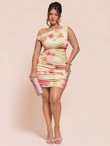 SHEIN BAE Plus Size Women's Pink Floral Print Asymmetrical Shoulder Ruched Mini Dress,Elegant Summer Curve Cocktail Bodycon Sleeveless One Shoulder Chic Party - Multicolor - View 4