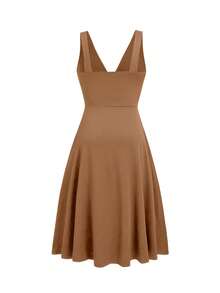Rometta Plus Size Black V-Neck Waist Pleated Knit Dress - Khaki - View 2