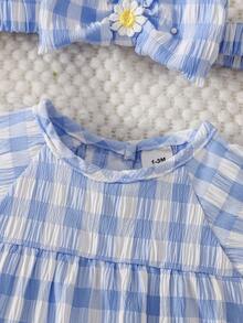 SHEIN 2件套夏季女婴连体衣+发带，新生儿优雅甜美可爱波点印花套装 - 藍色 - 查看 9