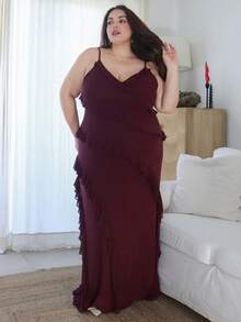 Pretty and Ole Plus Size Women's Summer Elegant Resort Date Floral Printed Stretch Mesh Halter Neck Maxi Dress, Suitable For Concerts, Graduation Commute Plus Size Dresses Burgundy Plus Size Ruffle Dress/Evening Dress/Fall/Winter Clothes/Fall Wedding Guest Dress/Classy Elegant Dress  /Formal Dress  /Y2k Dress/Party Dress /Birthday Dress /Going Out Dress  /Plus Size Dress/Curve Dress/Red Dress,Valentine's Day,Valentine Outfits For Women - Brown - View 7