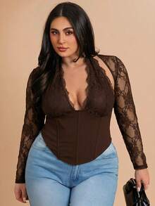 SHEIN BAE Áo cổ yếm ren tương phản màu đen dành cho nữ cỡ lớn - màu nâu - Xem 3
