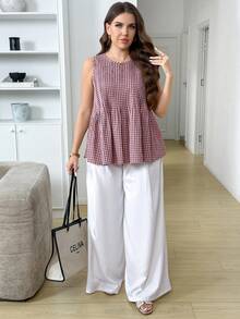 SHEIN LUNE Débardeur décontracté à col rond avec volant à l'ourlet pour femmes grandes tailles, motif à carreaux - Multicolore - Voir 7