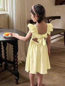 LMoss Kids Young Girl Woven Solid Color Square Neck Ruffle Hem Casual Dress - Mustard Yellow - View 9