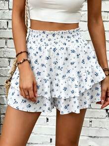 SHEIN Holidaya French Romantic Style Blue Ditsy Floral High Waist Ruffle Hem A-Line Mini Skirt, Flattering & Anti-Exposure Shorts Skirt For Summer - Blue and White - View 3