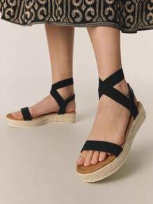 Styleloop Ladies Fashion Solid Color Woven Casual Platform Wedge Sandals, Upper Rubber Cross Strap Decorative Bohemian Vacation Retro Faxx Canvas Platform Ankle Strap Sandals, Western Style, Music Festival Party Clothing, Spring Summer Shoes Spring Break Easter, Holiday Atmosphere, Summer Wear, Travel Essentials Summer Shoes - Black 1 - View 8
