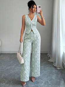 Conjunto de 2 piezas de chaleco y pantalones azules de estilo elegante y casual para uso diario y de negocios, con estampado de margaritas africanas y relieve de jacquard, para mujer - verde menta - Ver 6