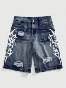 ROMWE MEN Men's Street Style Printed Denim Shorts, Loose Fit, Casual Distressed Ripped Jeans - Dark Wash - View 1