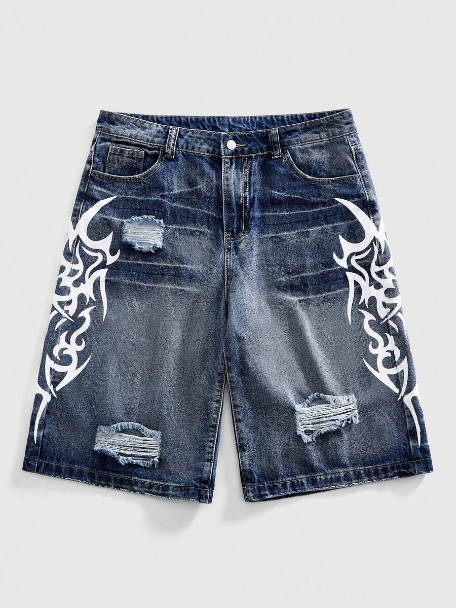 ROMWE MEN Men's Street Style Printed Denim Shorts, Loose Fit, Casual Distressed Ripped Jeans - Dark Wash - View 1