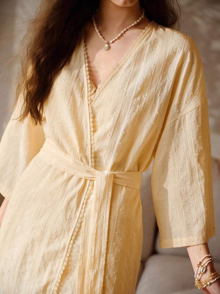 WOMEN'S COTTON JACQUARD LACE PATCHWORK PAJAMA SET, SPRING/SUMMER