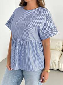 SHEIN Essnce Áo sơ mi nữ cỡ lớn thời trang xuân hè dáng rộng thoải mái, ôm dáng, kẻ sọc xanh trắng, tay ngắn, kiểu babydoll, áo công sở, áo kiểu nữ, áo dễ thương tôn dáng. - Màu xanh hải quân - Xem 6