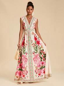 Travachic Women's Floral Print V-Neck Sleeveless Dress, Vacation - Multicolor - View 1