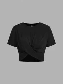 SHEIN Essnce Áo thun nữ cỡ lớn cổ tròn thiết kế xoắn, gợi cảm, thoải mái, màu đen trắng, nhiều chiếc. - trắng - Xem 5